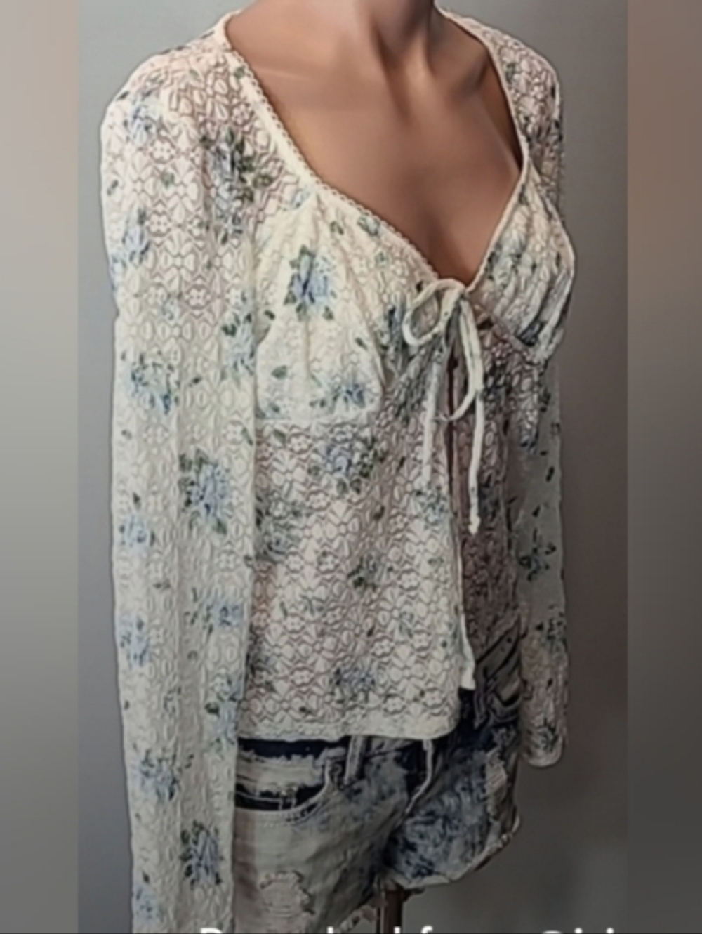 Lace Blue & White Floral Sheer  Top Large